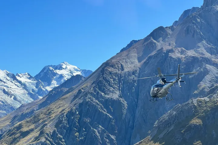 Helicopter flight in mountains at Aoraki/ mount cook national park