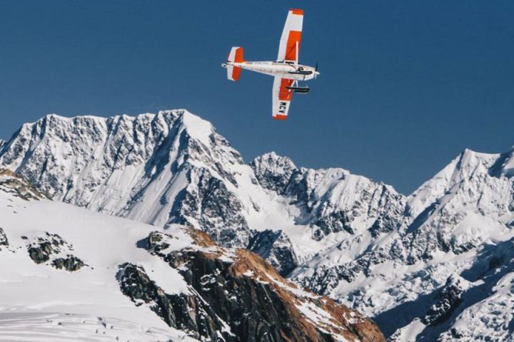 Ski Plane flying over Mt Cook Mountains