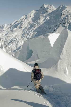 Skiing through ice caves in the Tasman Valley