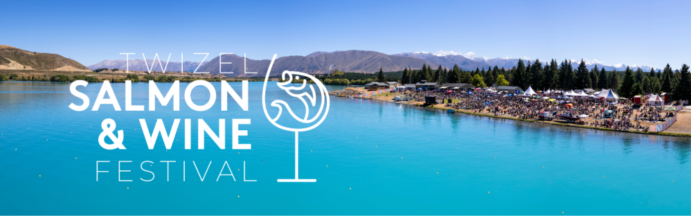 Blue lakes and mountains with Salmon and wine festival logo 