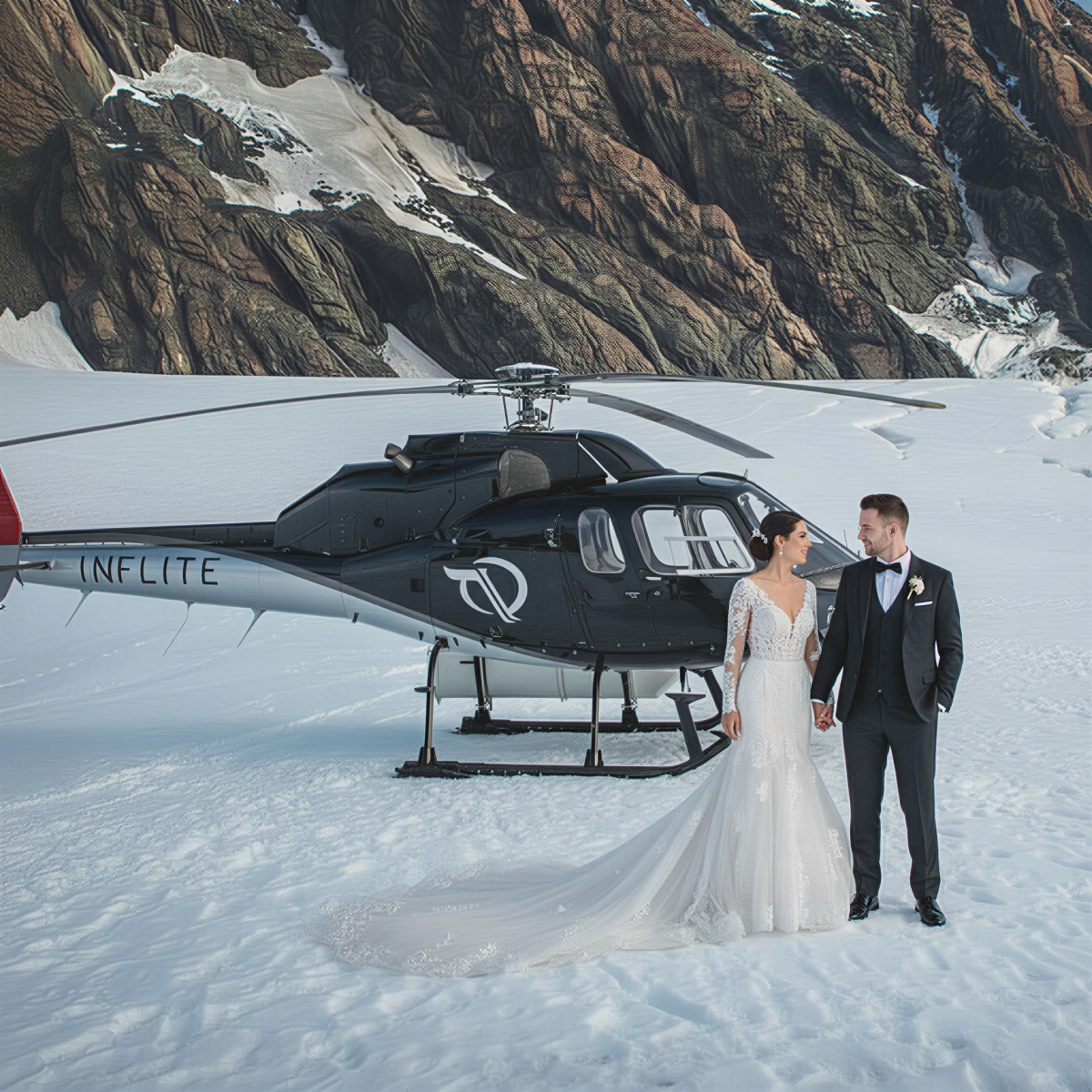 Bride and groom on snow with helicopter and mountains in the background.