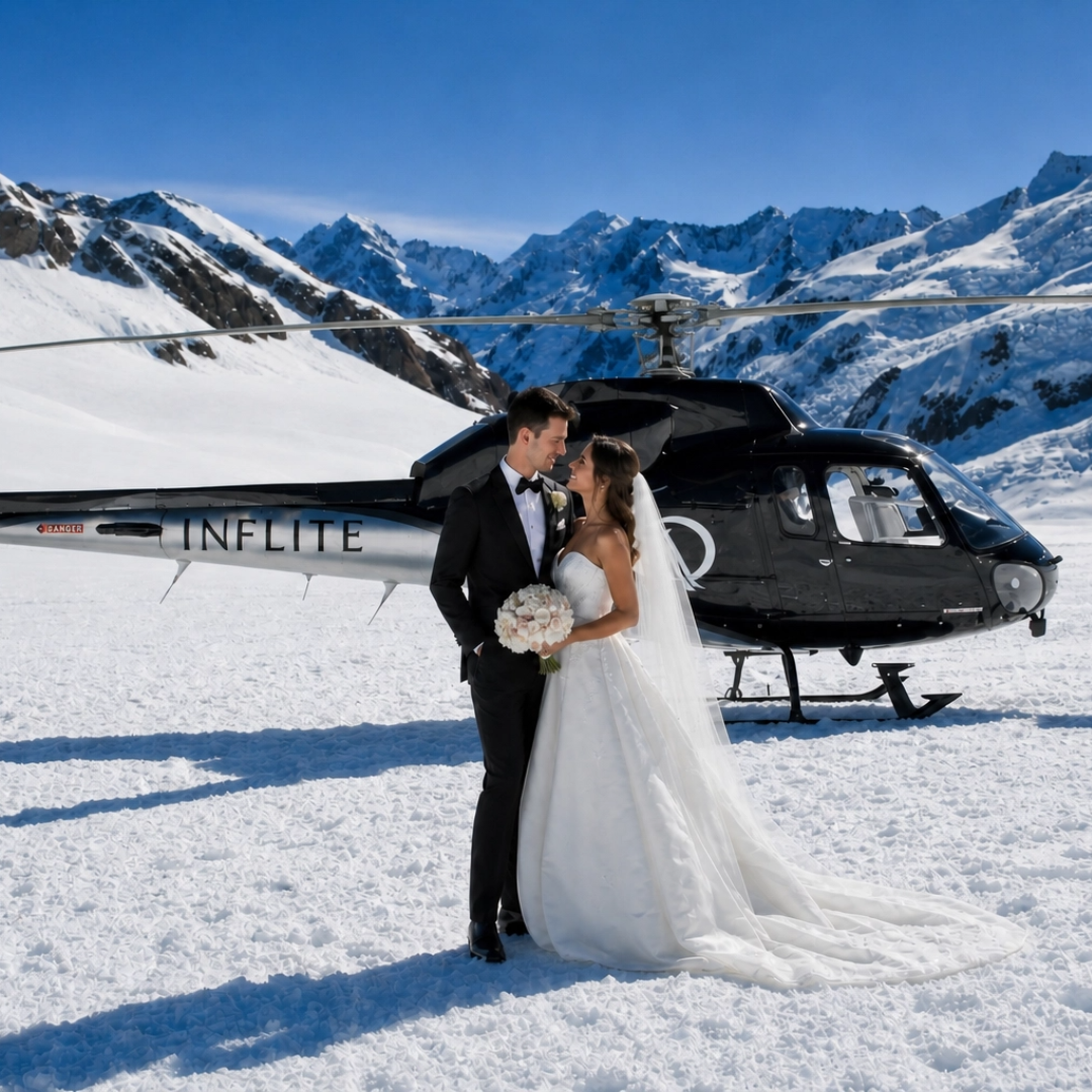 Bride and groom in front of a helicopter on a snowy mountain.