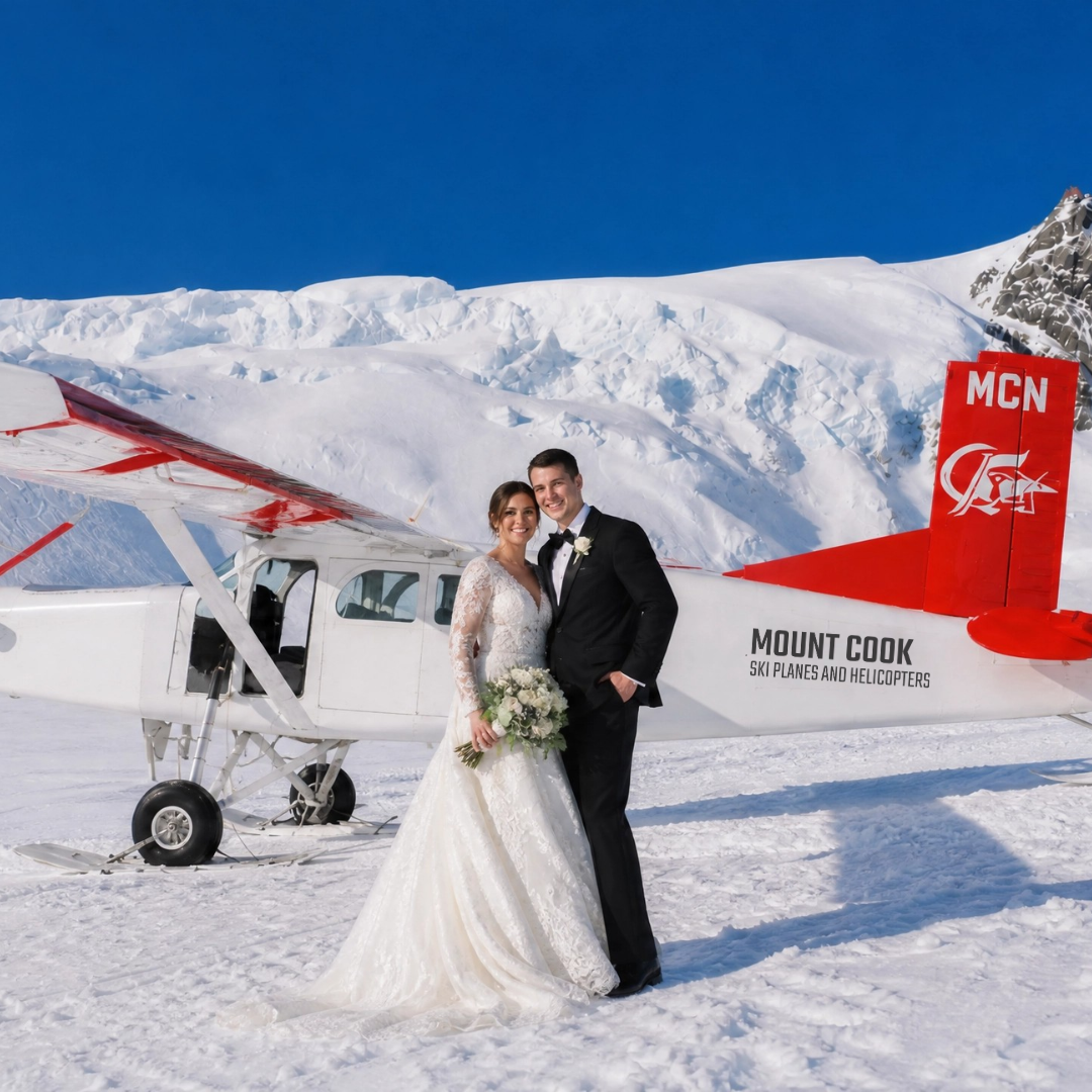 Bride and groom pose by a small red and white plane on snowy mountain.